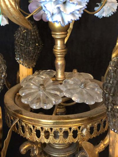 Bronze Louis XVI Style French Chandelier with Porcelain Flowers