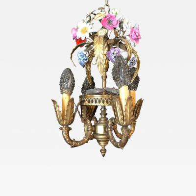 Bronze Louis XVI Style French Chandelier with Porcelain Flowers