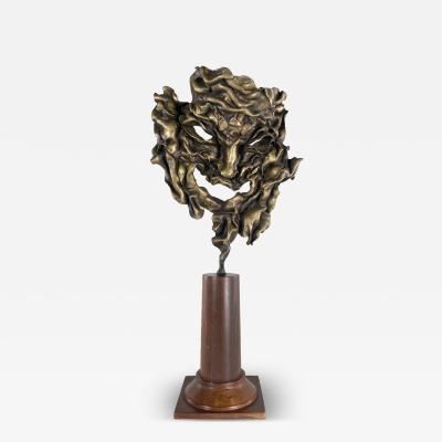 Bronze Mask Sculpture on Wood Base
