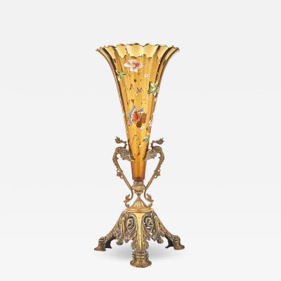 Bronze Mounted Holder Enameled Art Glass French Decorative Trumpet Vase