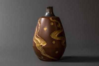 Bronze Vase with Gold Design and Silver Rim