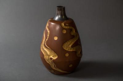 Bronze Vase with Gold Design and Silver Rim