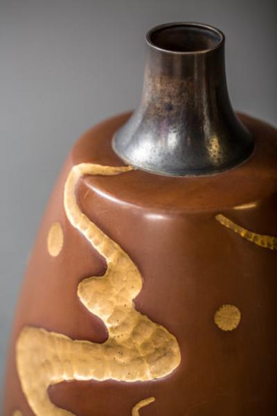 Bronze Vase with Gold Design and Silver Rim
