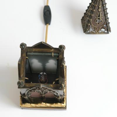 Bronze model of a Gothic church steeple with gilded detail and original glass 