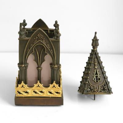 Bronze model of a Gothic church steeple with gilded detail and original glass 