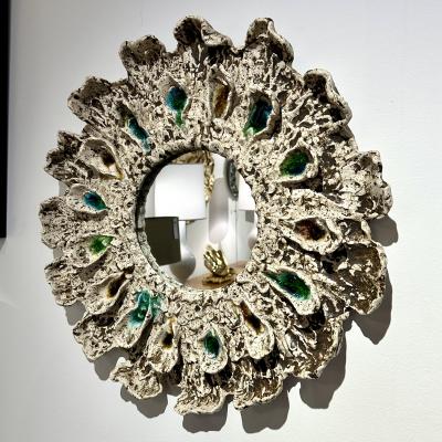 Brown and Cream Speckled Ceramic Mirror with Embedded Glass Accents by Aram C 