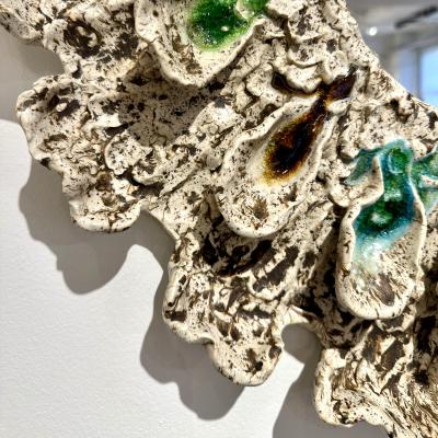 Brown and Cream Speckled Ceramic Mirror with Embedded Glass Accents by Aram C 