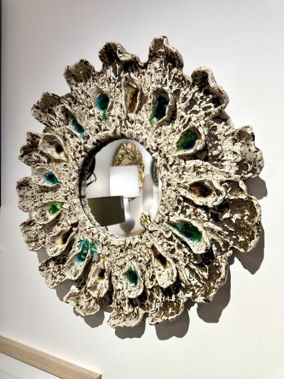 Brown and Cream Speckled Ceramic Mirror with Embedded Glass Accents by Aram C 
