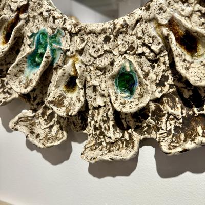 Brown and Cream Speckled Ceramic Mirror with Embedded Glass Accents by Aram C 