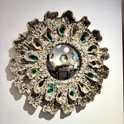 Brown and Cream Speckled Ceramic Mirror with Embedded Glass Accents by Aram C 