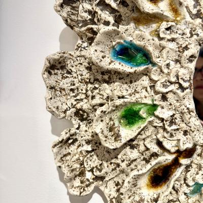 Brown and Cream Speckled Ceramic Mirror with Embedded Glass Accents by Aram C 