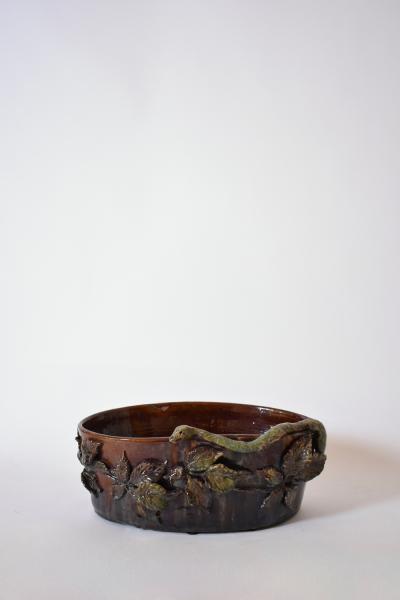 Brown and green low relief ceramic planter 1950s 