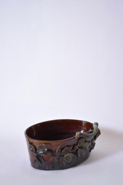 Brown and green low relief ceramic planter 1950s 
