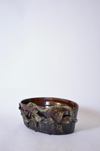 Brown and green low relief ceramic planter 1950s 