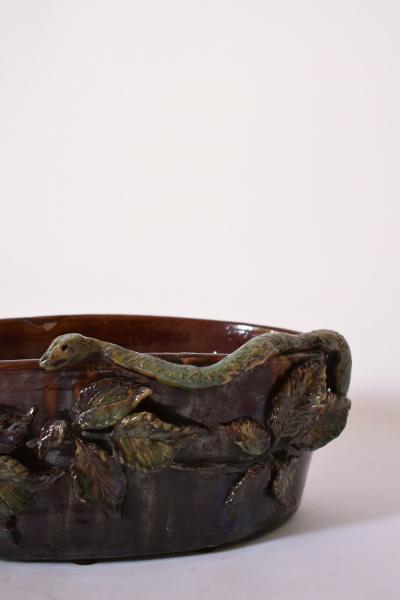 Brown and green low relief ceramic planter 1950s 