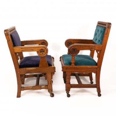 Bruce Talbert Bruce Talbert Gillows Two Rare Gothic Revival Oak Armchair in Blue Upholstery 