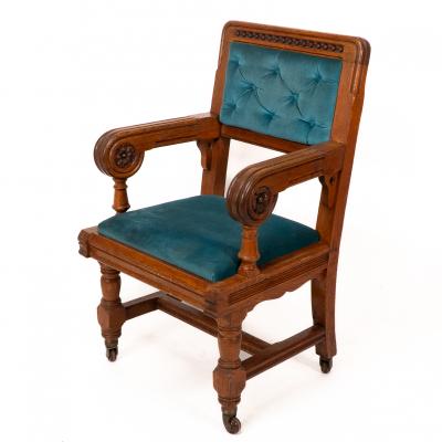 Bruce Talbert Bruce Talbert Gillows Two Rare Gothic Revival Oak Armchair in Blue Upholstery 