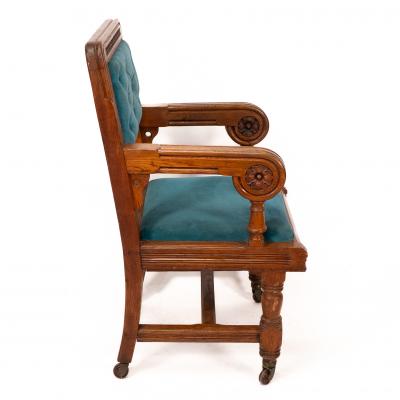 Bruce Talbert Bruce Talbert Gillows Two Rare Gothic Revival Oak Armchair in Blue Upholstery 