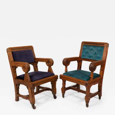 Bruce Talbert Bruce Talbert Gillows Two Rare Gothic Revival Oak Armchair in Blue Upholstery 