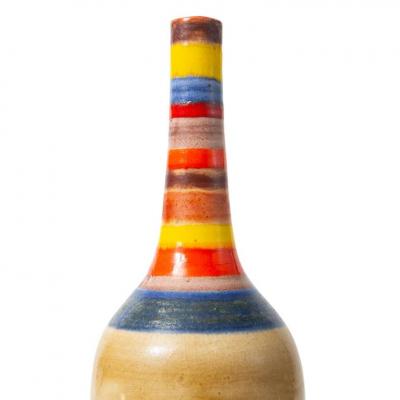 Bruno Gambone Bruno Gambone Vase Ceramic Tan Blue Red Yellow Stripes Signed