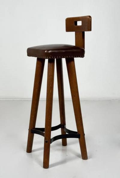 Brutalist Bar Stool Wood and Leather 1970s 7 available