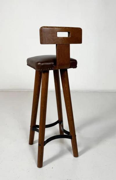 Brutalist Bar Stool Wood and Leather 1970s 7 available