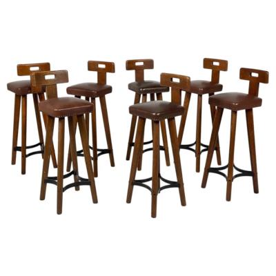 Brutalist Bar Stool Wood and Leather 1970s 7 available