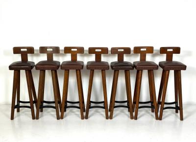 Brutalist Bar Stool Wood and Leather 1970s 7 available