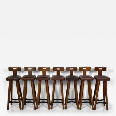 Brutalist Bar Stool Wood and Leather 1970s 7 available