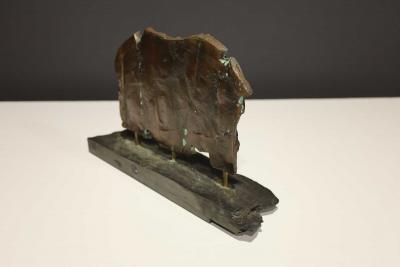 Brutalist Bronze Sculpture on Stand with Sedimentary Base