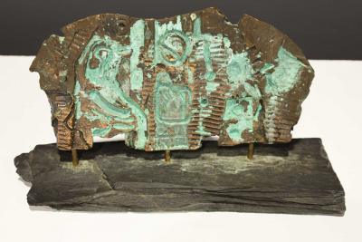Brutalist Bronze Sculpture on Stand with Sedimentary Base