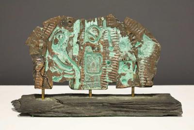 Brutalist Bronze Sculpture on Stand with Sedimentary Base