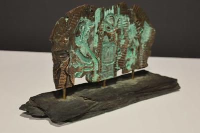 Brutalist Bronze Sculpture on Stand with Sedimentary Base
