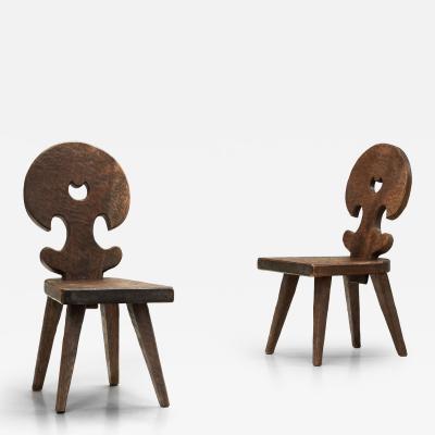 Brutalist Carved Wooden Fireplace Chairs Spain ca 1960s