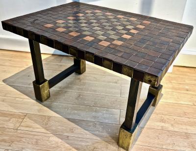 Brutalist French 50s hammered iron coffee table with oxidized acid patina