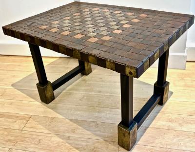 Brutalist French 50s hammered iron coffee table with oxidized acid patina