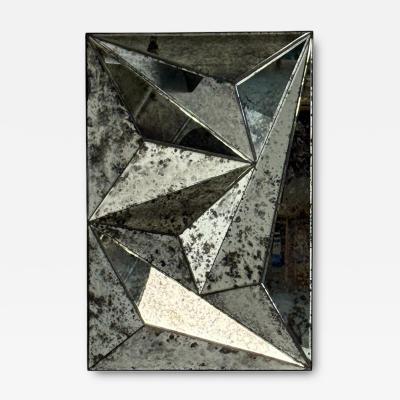 Brutalist Geometric Wall Mirror Distressed Beveled Glass Wood 21st C 