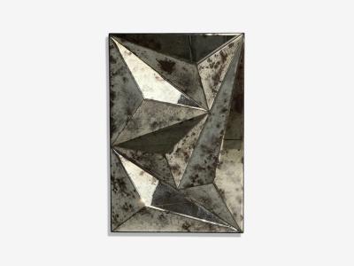 Brutalist Geometric Wall Mirror Distressed Beveled Glass Wood 21st C 