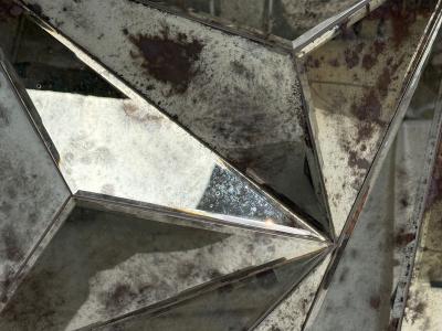 Brutalist Geometric Wall Mirror Distressed Beveled Glass Wood 21st C 