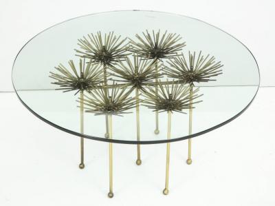 Brutalist Gilt Floral Table with Glass Top in the Manner of Seandel or Jere