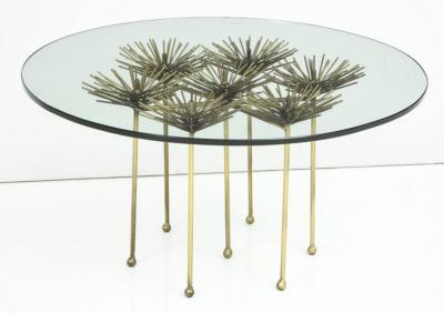 Brutalist Gilt Floral Table with Glass Top in the Manner of Seandel or Jere