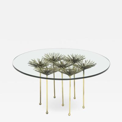 Brutalist Gilt Floral Table with Glass Top in the Manner of Seandel or Jere