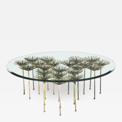 Brutalist Gilt Floral Table with Glass Top in the Manner of Seandel or Jere