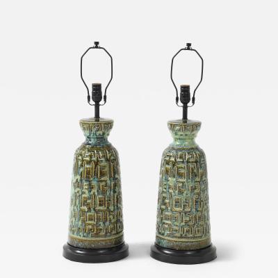Brutalist Green Blue Glazed Ceramic Lamps