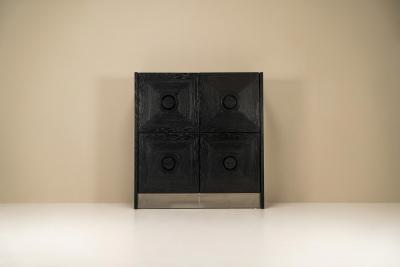 Brutalist Highboard In Stained Oak And Brushed Steel Belgium 1970s