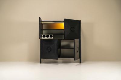 Brutalist Highboard In Stained Oak And Brushed Steel Belgium 1970s