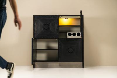 Brutalist Highboard In Stained Oak And Brushed Steel Belgium 1970s