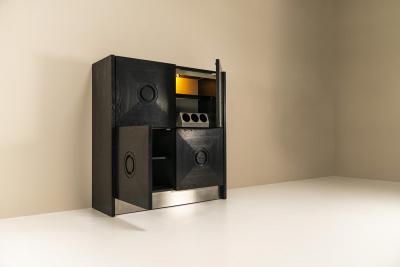 Brutalist Highboard In Stained Oak And Brushed Steel Belgium 1970s