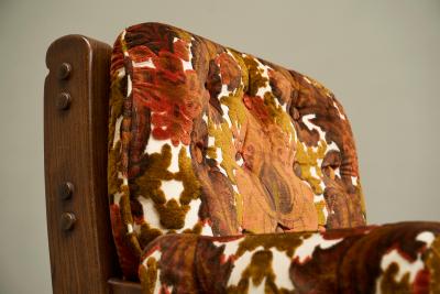 Brutalist Lounge Chair and Ottoman in Solid Oak and Velvet 1960s