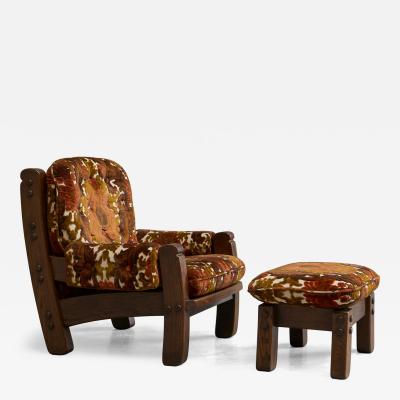Brutalist Lounge Chair and Ottoman in Solid Oak and Velvet 1960s